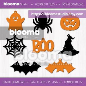 Puede incluir: Colección de archivos de corte vectorial con temática de Halloween en naranja y negro. Incluye un fantasma, una araña, una calabaza, una telaraña, la palabra "BOO", un sombrero de bruja y murciélagos. La imagen también contiene el texto "blooma Studio".