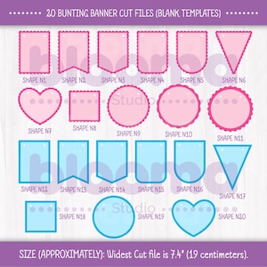 May include: Twenty printable bunting banner cut files in various shapes, including hearts, circles, squares, triangles, and rectangles. The files are pink and blue and are approximately 7.4 inches wide.