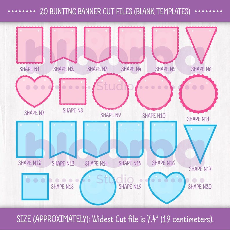 May include: Twenty printable bunting banner cut files in various shapes, including hearts, circles, squares, triangles, and rectangles. The files are pink and blue and are approximately 7.4 inches wide.