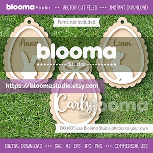 May include: Wooden Easter egg ornaments with names and bunny silhouettes. The ornaments are layered with a scalloped edge and a ribbon design. The text "blooma Studio" and "https://bloomastudio.etsy.com" are also visible.