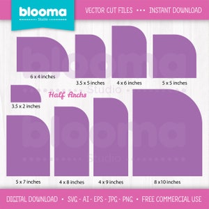 Może przedstawiać: Zestaw ośmiu półkoli o różnych rozmiarach, od 3,5 x 2 cali do 8 x 10 cali. Kształty są jasnolila i idealne do projektów rękodzielniczych.