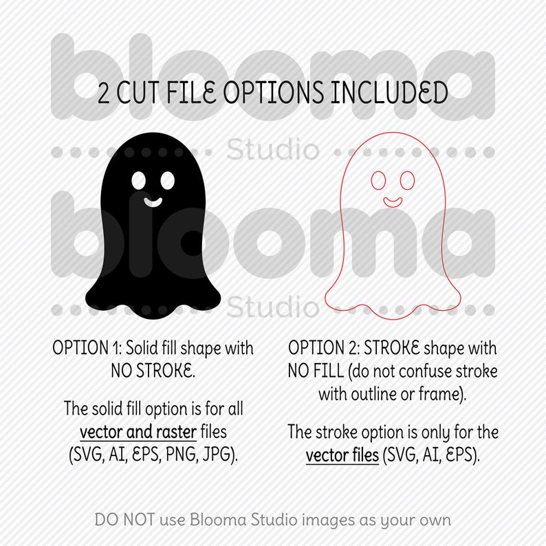 May include: Two cut file options for a ghost illustration. The first option is a solid black ghost with a happy face. The second option is an outline of a ghost with a happy face. The text reads "2 CUT FILE OPTIONS INCLUDED".