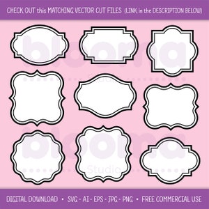 May include: Nine black and white frame outlines with different shapes and sizes. The frames are on a pink background.