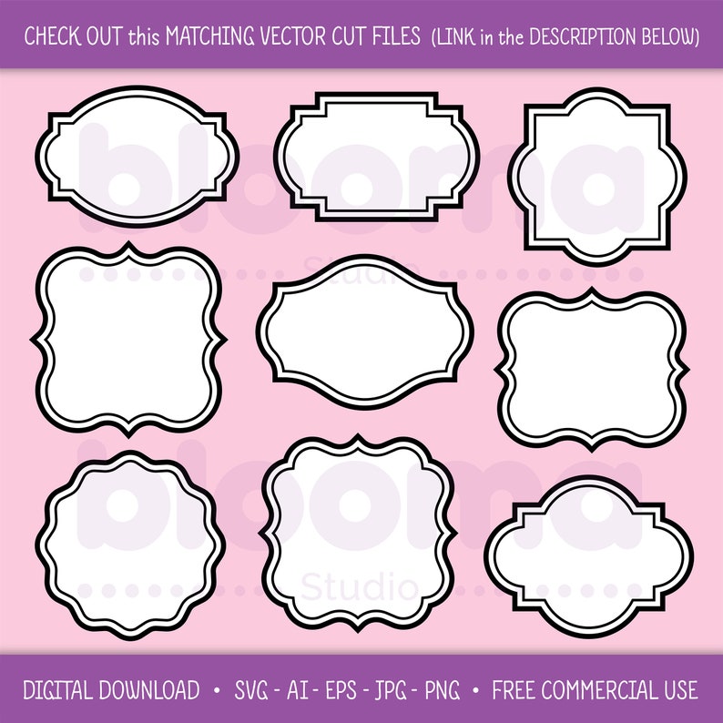 May include: Nine black and white frame outlines with different shapes and sizes. The frames are on a pink background.