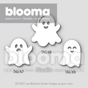 May include: Three white ghost cutouts with different facial expressions. The ghosts are labeled "TAG N7", "TAG N8", and "TAG N9".