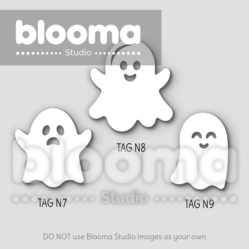 May include: Three white ghost cutouts with different facial expressions. The ghosts are labeled "TAG N7", "TAG N8", and "TAG N9".