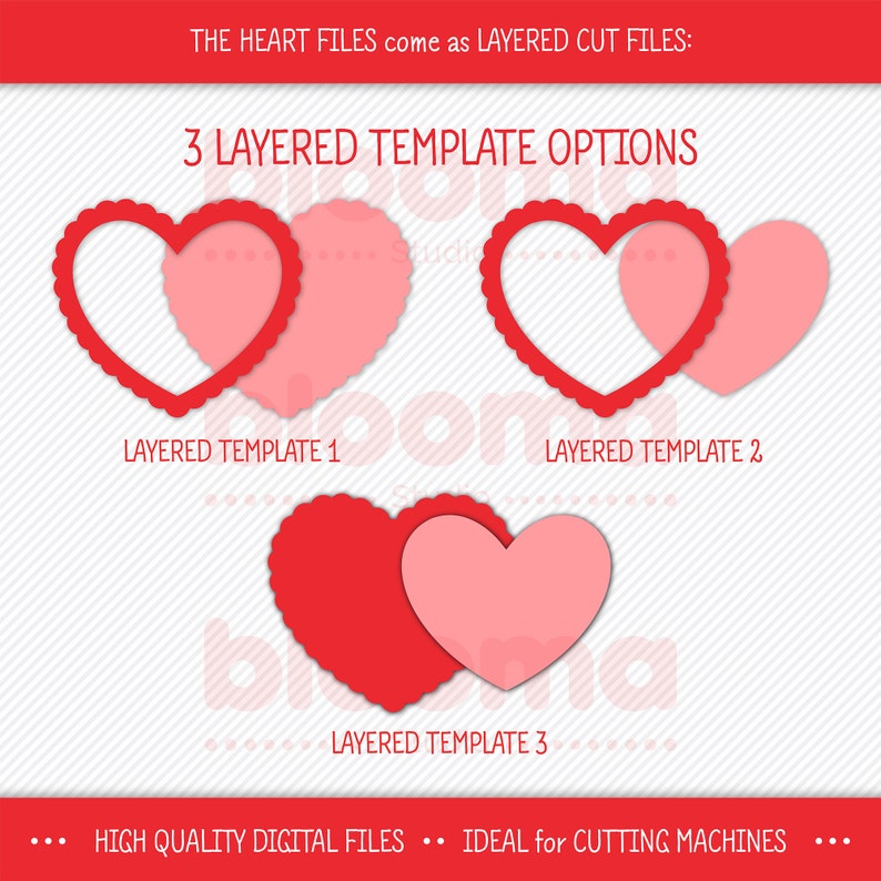 Puede incluir: Tres plantillas de coraz&oacute;n en capas para m&aacute;quinas de corte. Las plantillas son rojas y rosadas y tienen bordes festoneados. El texto "THE HEART FILES come as LAYERED CUT FILES" est&aacute; en la parte superior de la imagen. El texto "3 LAYERED TEMPLATE OPTIONS" est&aacute; en el medio de la imagen. Los textos "LAYERED TEMPLATE 1", "LAYERED TEMPLATE 2" y "LAYERED TEMPLATE 3" est&aacute;n debajo de los corazones. Los textos "HIGH QUALITY DIGITAL FILES" y "IDEAL for CUTTING MACHINES" est&aacute;n en la parte inferior de la imagen.