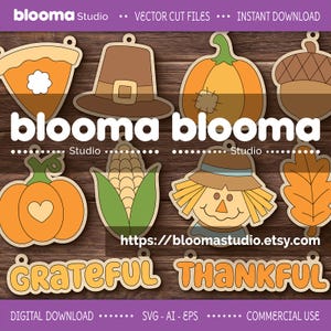 May include: A collection of fall-themed vector cut files, including a pumpkin, acorn, corn, and leaf. The image also features the words "Grateful" and "Thankful" in a decorative font. The Etsy shop URL is visible.