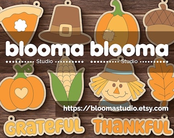 May include: A collection of fall-themed vector cut files, including a pumpkin, acorn, corn, and leaf. The image also features the words "Grateful" and "Thankful" in a decorative font. The Etsy shop URL is visible.
