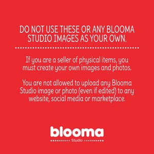 May include: Red background with white text that reads "DO NOT USE THESE OR ANY BLOOMA STUDIO IMAGES AS YOUR OWN."  The text continues with "If you are a seller of physical items, you must create your own images and photos. You are not allowed to upload any Blooma Studio image or photo (even if edited) to any website, social media or marketplace."  The text "blooma Studio" is at the bottom of the image.