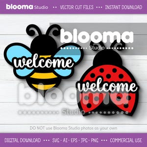 Cartello ape svg, cartello porta estivo svg, file laser cartello di benvenuto, cartello coccinella primaverile svg, file di taglio a strati, decorazioni estive per la casa, Ai Eps Png