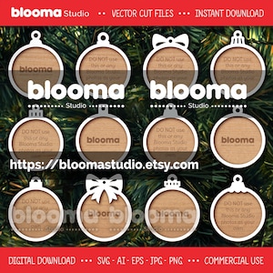 Adorno SVG en blanco, Adorno de madera personalizado SVG, Paquete de adornos redondos SVG, Archivos láser para adornos, Adorno navideño SVG, Uso comercial