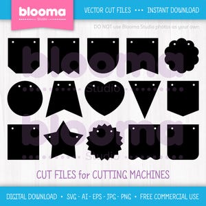 May include: A set of 16 black and white printable cut files for cutting machines. The files include various shapes such as banners, circles, stars, hearts, and more. The text "CUT FILES for CUTTING MACHINES" is at the bottom of the image.