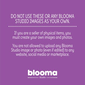 May include: Purple background with white text that reads "DO NOT USE THESE OR ANY BLOOMA STUDIO IMAGES AS YOUR OWN."  The text continues, "If you are a seller of physical items, you must create your own images and photos. You are not allowed to upload any Blooma Studio image or photo (even if edited) to any website, social media or marketplace."  The text "blooma Studio" is at the bottom of the image.