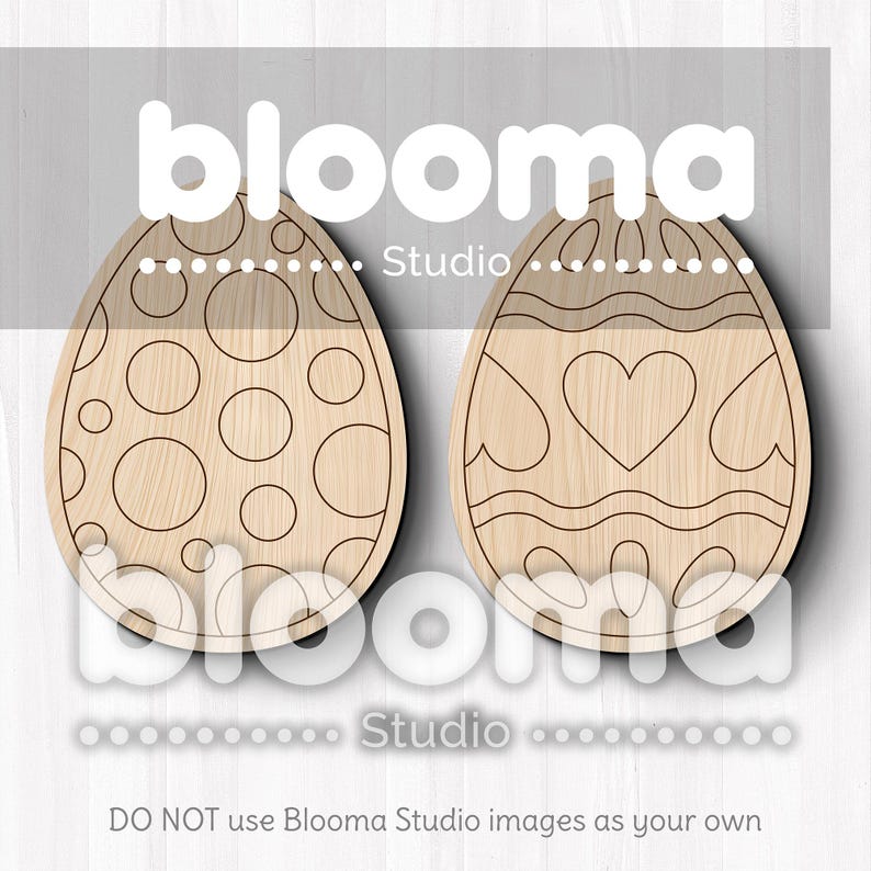 May include: Two wooden Easter egg shapes with different designs. One egg has a polka dot pattern and the other has a heart and wavy lines. The text "Blooma Studio" appears twice on the image.