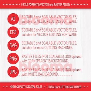 May include: A graphic showing five different file formats for digital downloads: AI, EPS, SVG, PNG, and JPG. The graphic lists the file types and describes their uses, such as vector editing software and cutting machines. The graphic also notes that the PNG files have a transparent background and the JPG files have a white background.
