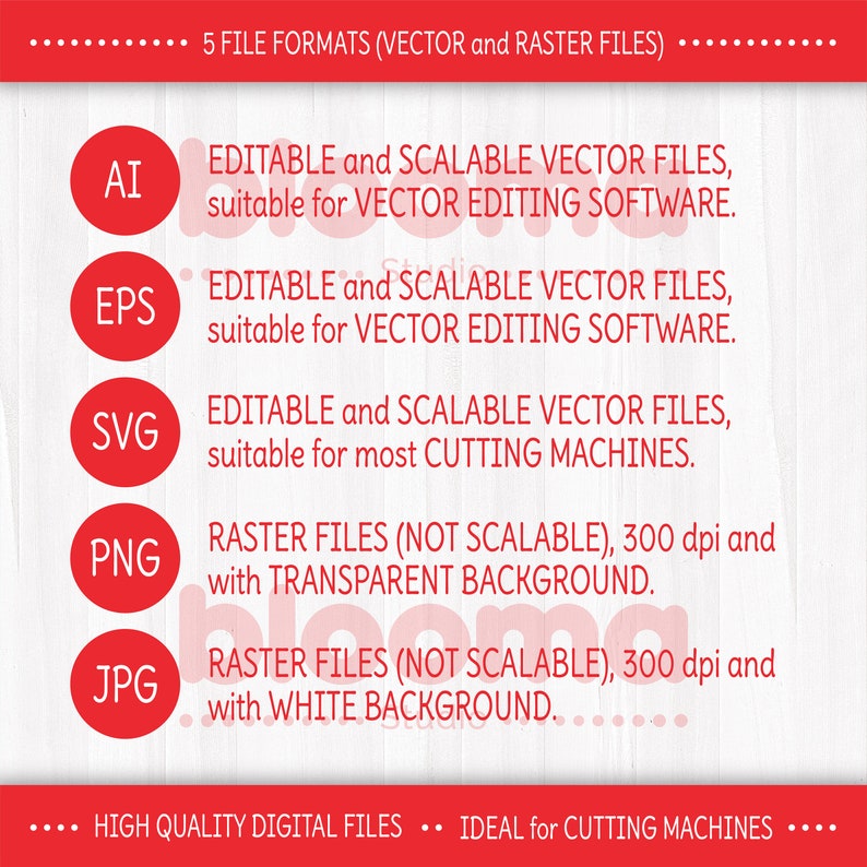 May include: A graphic showing five different file formats for digital downloads: AI, EPS, SVG, PNG, and JPG. The graphic lists the file types and describes their uses, such as vector editing software and cutting machines. The graphic also notes that the PNG files have a transparent background and the JPG files have a white background.