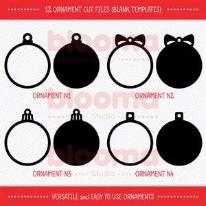 Puede incluir: Doce archivos de corte de adornos en blanco y negro. Los adornos tienen la forma de un adorno de &aacute;rbol de Navidad. El texto "12 ORNAMENT CUT FILES (BLANK TEMPLATES)" est&aacute; en la parte superior de la imagen. El texto "VERSATILE and EASY TO USE ORNAMENTS" est&aacute; en la parte inferior de la imagen.