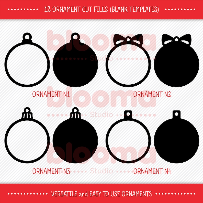 Puede incluir: Doce archivos de corte de adornos en blanco y negro. Los adornos tienen la forma de un adorno de &aacute;rbol de Navidad. El texto "12 ORNAMENT CUT FILES (BLANK TEMPLATES)" est&aacute; en la parte superior de la imagen. El texto "VERSATILE and EASY TO USE ORNAMENTS" est&aacute; en la parte inferior de la imagen.