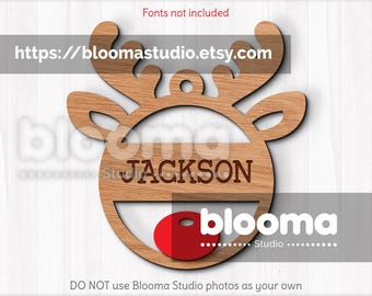 Reindeer ornament Svg, Christmas name tag svg, Personalized ornament laser file, Christmas decor svg, Custom Christmas tag, Wood ornament