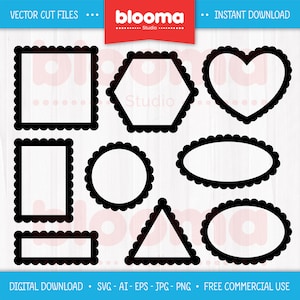 Scalloped frame SVG, Photo frame svg, Scalloped shape svg, Round Oval Square Rectangle Triangle Heart Cut file, Frame clipart, Frame PNG