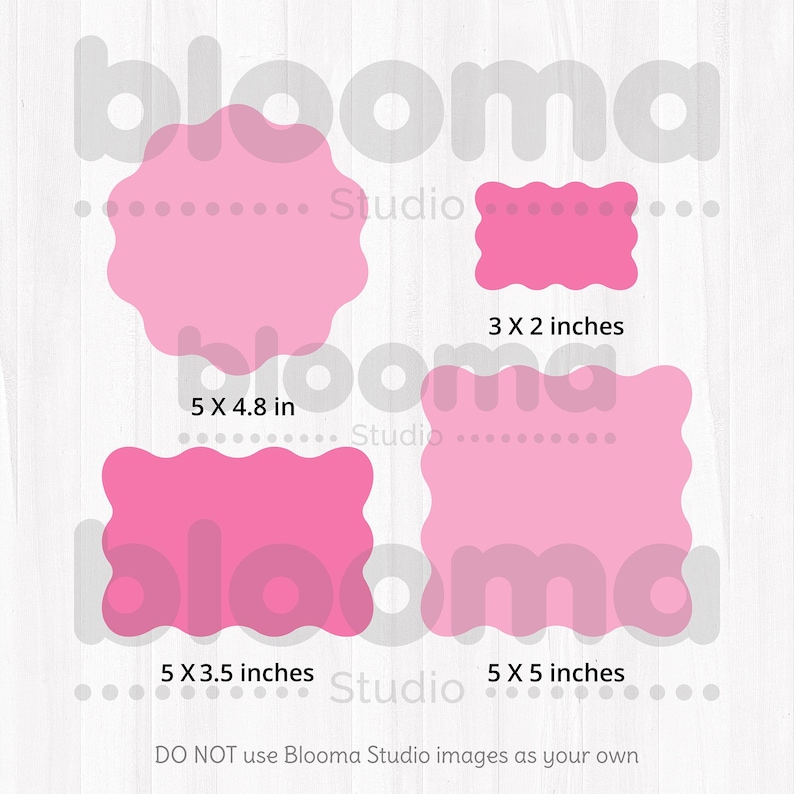 Pode incluir: Quatro etiquetas rosa em forma de concha, de diferentes tamanhos. As etiquetas medem 5 x 4,8 polegadas, 5 x 3,5 polegadas, 5 x 5 polegadas e 3 x 2 polegadas. O texto "N&Atilde;O UTILIZE as imagens do Blooma Studio como suas" est&aacute; na parte inferior da imagem.