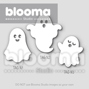 May include: Three white ghost-shaped paper tags with black eyes and mouths. The tags are labeled "TAG N1", "TAG N2", and "TAG N3".