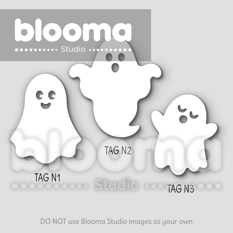 May include: Three white ghost-shaped paper tags with black eyes and mouths. The tags are labeled "TAG N1", "TAG N2", and "TAG N3".