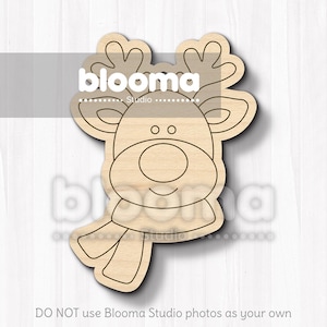 May include: Wooden reindeer cutout with a scarf, antlers, and a large red nose. The reindeer has a smiling face and is outlined in black. The text "blooma studio" is at the top. The bottom of the image says "DO NOT use Blooma Studio photos as your own".