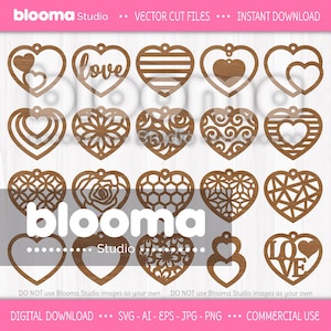 Paquete de pendientes de corazón SVG, Archivos cortados con láser para pendientes de corazón, Plantilla de pendientes SVG, Joyas de madera SVG, Encanto de coche SVG, Día de San Valentín, Eps/Png