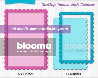 Scallop invites SVG: 5 x7 and 4 x 6 inches wedding scalloped invitations frames with matching borders, Digital download, Jpg Png Eps Ai