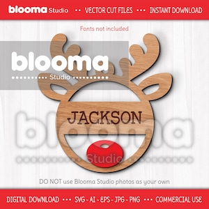 Adorno de reno SVG, etiqueta de nombre de Navidad SVG, archivo láser de adorno personalizado, decoración navideña SVG, etiqueta de Navidad personalizada, adorno de madera
