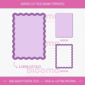 May include: Two layered cut files for a scalloped square frame. The top layer is a solid purple square with a scalloped edge. The bottom layer is a smaller purple square with a scalloped edge. The text "LAYER N1" is below the top layer and the text "LAYER N2" is below the bottom layer.