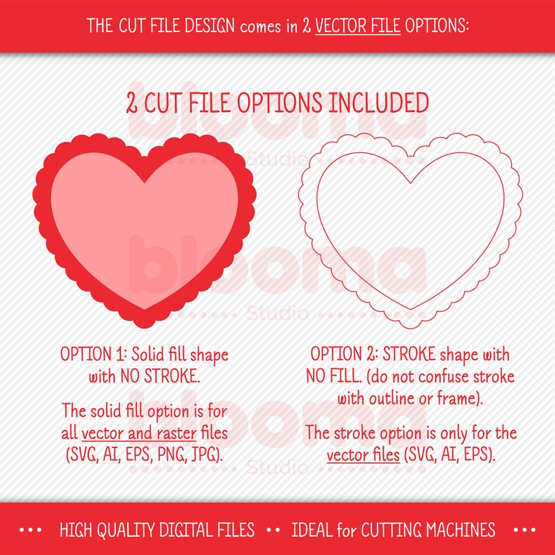 Puede incluir: Dos opciones de archivos de corte en forma de coraz&oacute;n para m&aacute;quinas de corte digitales. La primera opci&oacute;n es un coraz&oacute;n rojo s&oacute;lido con un borde festoneado. La segunda opci&oacute;n es un contorno negro de la misma forma de coraz&oacute;n.
