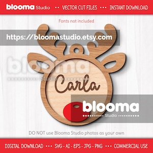 Adorno de reno Svg, Adorno navideño personalizado, Etiqueta de calcetín personalizada, Etiquetas de nombre navideñas, Decoración de reno, Adorno de madera Svg, Eps