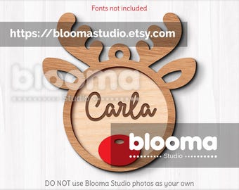 Reindeer ornament Svg, Personalized Christmas ornament, Custom stocking tag, Christmas name tags, Reindeer decor, Wood ornament svg, Eps