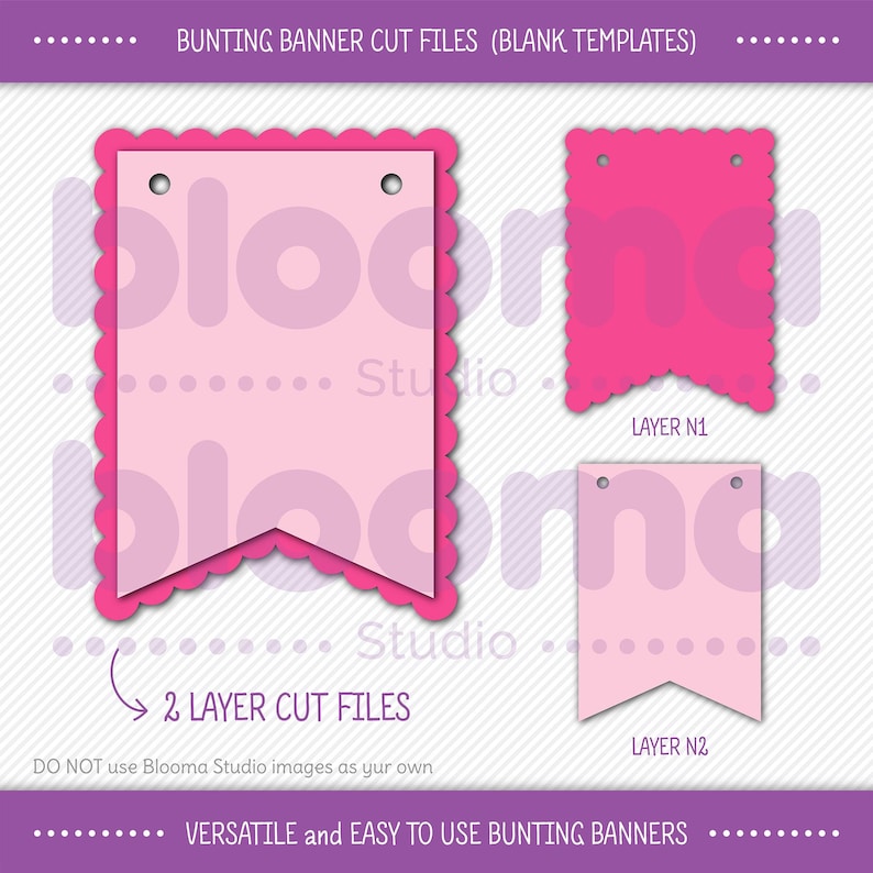 May include: Two-layer printable bunting banner cut files. The top layer is pink with a scalloped edge. The bottom layer is a light pink with a pointed bottom. The text "2 LAYER CUT FILES" is visible on the image.