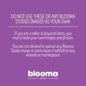 May include: Purple background with white text that reads "DO NOT USE THESE OR ANY BLOOMA STUDIO IMAGES AS YOUR OWN."  The text continues, "If you are a seller of physical items, you must create your own images and photos. You are not allowed to upload any Blooma Studio image or photo (even if edited) to any website or marketplace."  The text "blooma Studio" is at the bottom of the image.