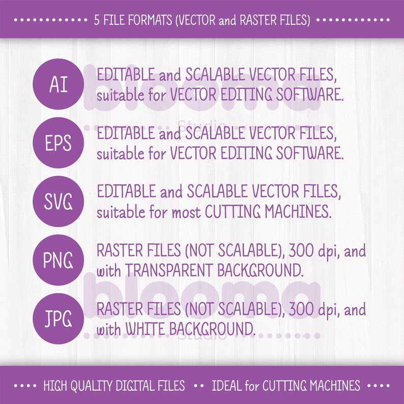May include: A purple graphic with the text "5 FILE FORMATS (VECTOR and RASTER FILES)" at the top. The graphic lists five file formats: AI, EPS, SVG, PNG, and JPG. Each file format is described with its properties and uses. For example, AI, EPS, and SVG are described as "EDITABLE and SCALABLE VECTOR FILES" and PNG and JPG are described as "RASTER FILES (NOT SCALABLE)". The graphic also includes the text "HIGH QUALITY DIGITAL FILES" and "IDEAL for CUTTING MACHINES".