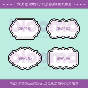May include: Nine classic frame cut files in black and white with a purple outline. The frames are labeled with the text "SHAPE N1", "SHAPE N2", "SHAPE N3", and "SHAPE N4".