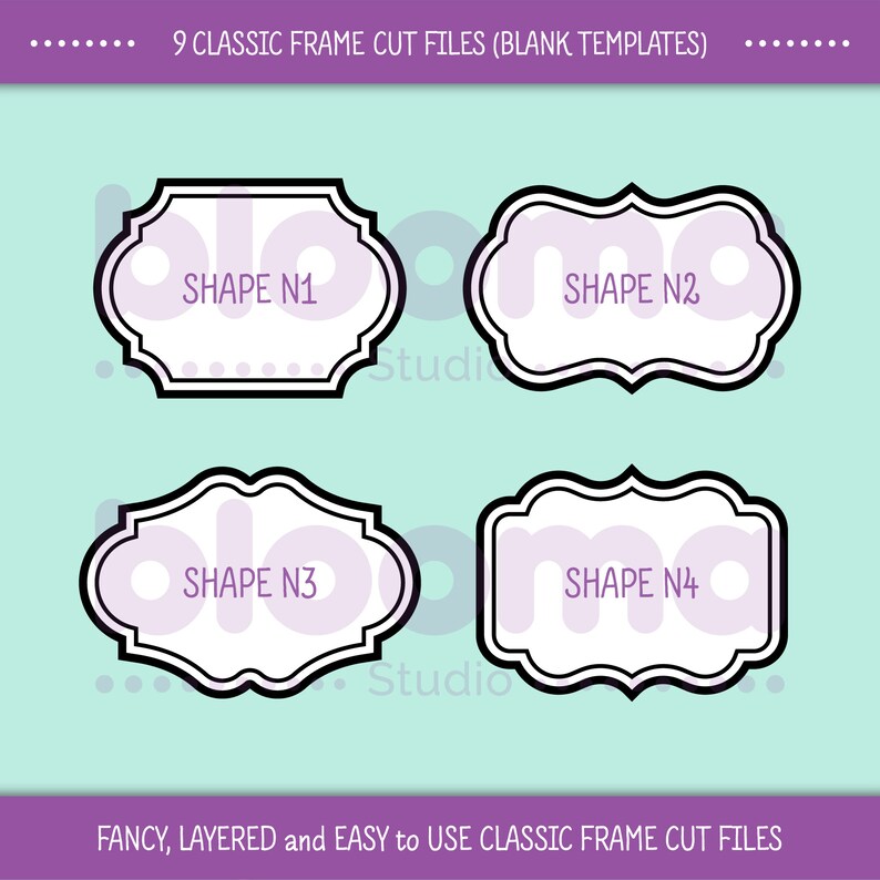 May include: Nine classic frame cut files in black and white with a purple outline. The frames are labeled with the text "SHAPE N1", "SHAPE N2", "SHAPE N3", and "SHAPE N4".