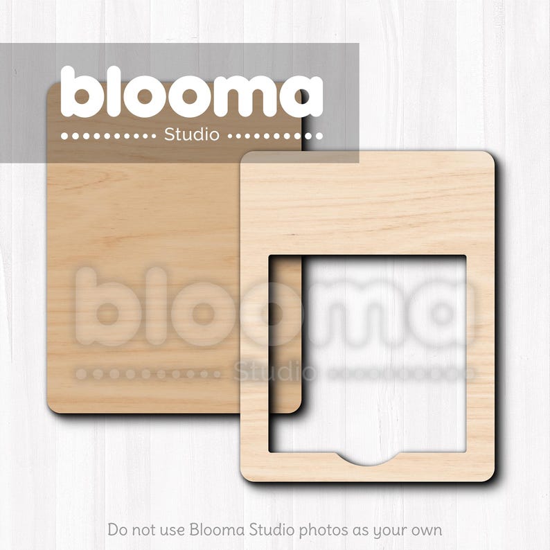 May include: Two wooden frames, one solid and one with a square cutout, are displayed. The frames are light brown and have rounded corners. The word "blooma" is visible in white text at the top and bottom of the image, along with the word "Studio".