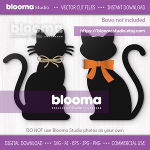 May include: Two black cat silhouettes with bows, one tan and one orange, are featured in this image. The text "blooma Studio" and "VECTOR CUT FILES" are visible. The image also includes the text "DIGITAL DOWNLOAD" and "COMMERCIAL USE".