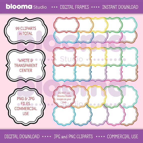 99 Frames Clipart Set, Planner Frame PNG & JPG Files, School Frame, Label png, Tag png, Colorful Decorative Printable frame, Commercial use