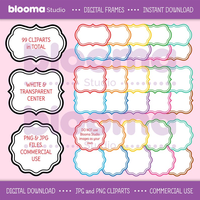 May include: A set of 99 colorful digital frames with a scalloped edge. The frames are white with a rainbow of colored outlines. The frames are perfect for adding a touch of whimsy to your digital designs.
