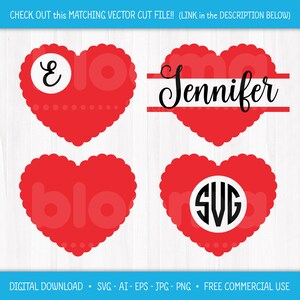 Puede incluir: Cuatro dise&ntilde;os de coraz&oacute;n rojo con bordes festoneados. El primer coraz&oacute;n tiene un c&iacute;rculo blanco con la letra "E" dentro. El segundo coraz&oacute;n tiene el nombre "Jennifer" escrito en cursiva negra. El tercer coraz&oacute;n est&aacute; en blanco. El cuarto coraz&oacute;n tiene un c&iacute;rculo blanco con las letras "SVG" dentro.