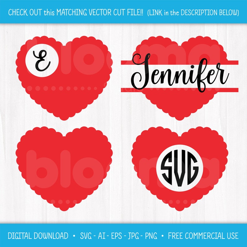 Puede incluir: Cuatro dise&ntilde;os de coraz&oacute;n rojo con bordes festoneados. El primer coraz&oacute;n tiene un c&iacute;rculo blanco con la letra "E" dentro. El segundo coraz&oacute;n tiene el nombre "Jennifer" escrito en cursiva negra. El tercer coraz&oacute;n est&aacute; en blanco. El cuarto coraz&oacute;n tiene un c&iacute;rculo blanco con las letras "SVG" dentro.