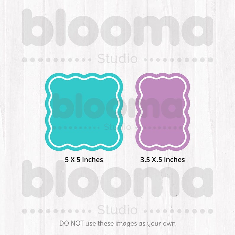 May include: Two scalloped frames, one turquoise and one purple, with the text "blooma Studio" above and below. The turquoise frame is 5 inches by 5 inches and the purple frame is 3.5 inches by .5 inches.