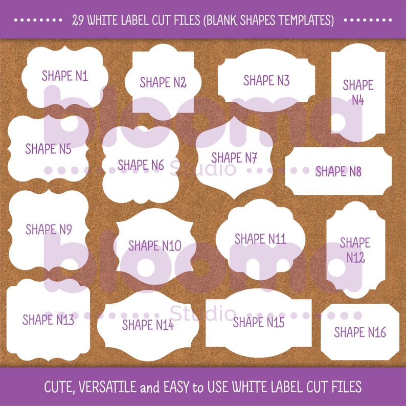 May include: Twenty-nine white label cut files in various shapes, including circles, squares, and ovals. The shapes are outlined in black and have a white interior. The text "SHAPE N1" through "SHAPE N16" is printed on each shape.