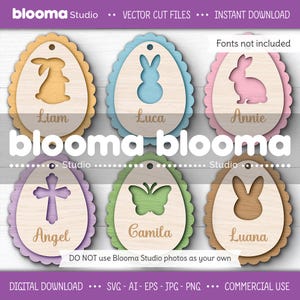 Etiquetas de ovos de Páscoa svg, Etiquetas de ovos recortados svg, Etiquetas de nomes de coelhos svg, Arquivos de corte a laser para etiquetas de Páscoa, Etiquetas personalizadas, Arquivos de laser para enfeites de Páscoa